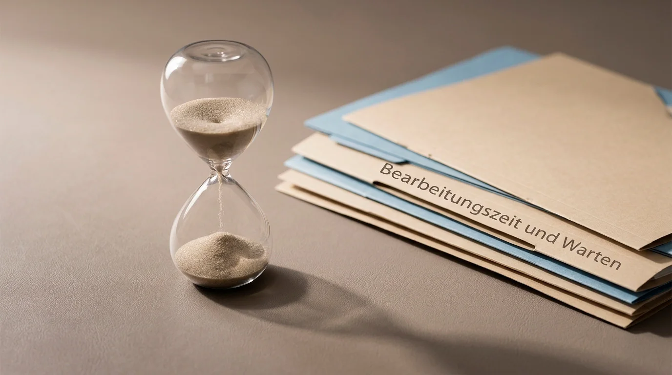 Stilisierte Darstellung einer behördlichen Prüfung mit Sanduhr als Symbol für die gesetzliche Wartezeit