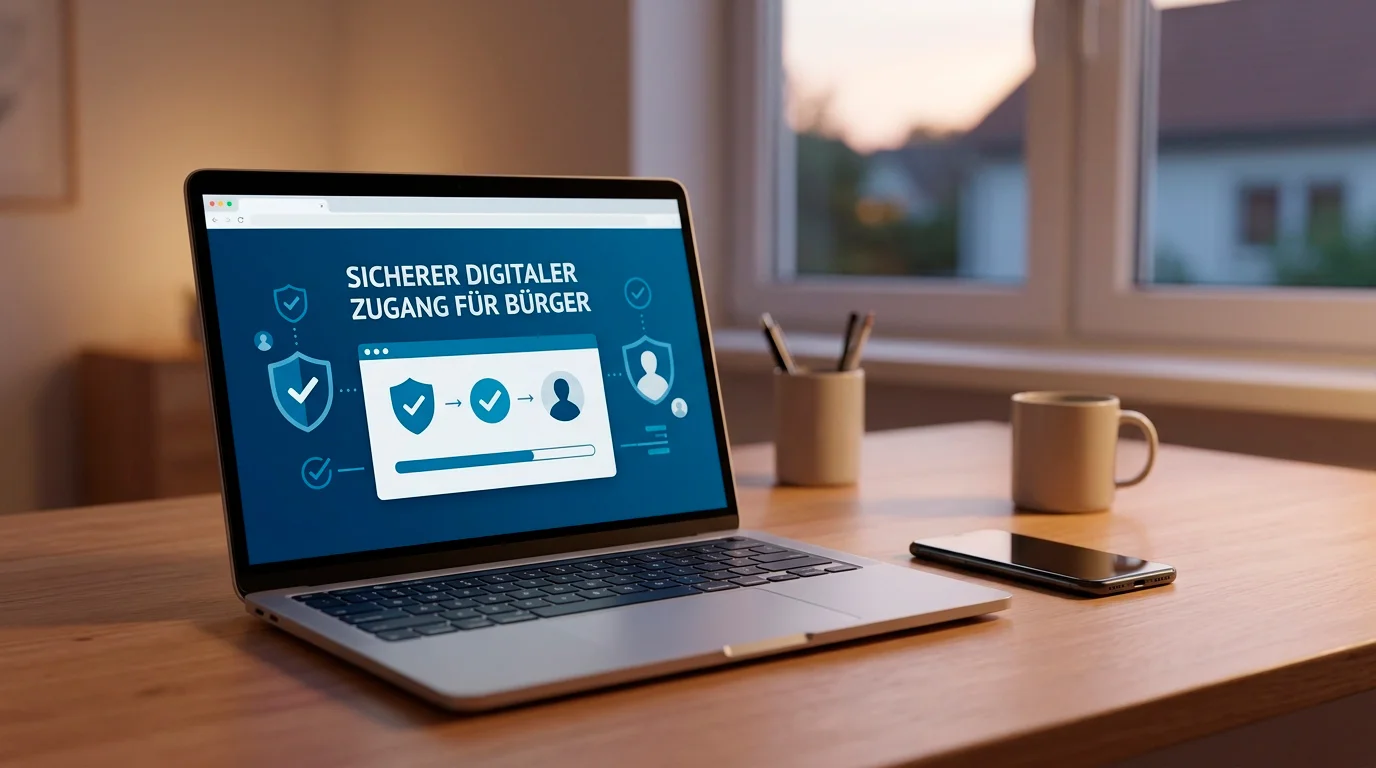 Laptop-Bildschirm mit digitalem Behörden-Antragsformular und Symbol für die Online-Ausweisfunktion