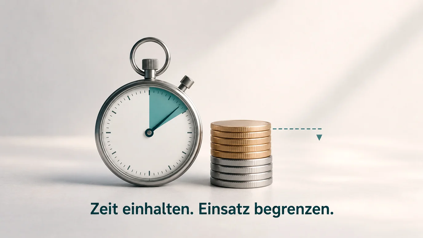Symbolische Darstellung einer Stoppuhr und eines gedeckelten Einsatzes als Bild für Einsatzlimit und Mindestspieldauer