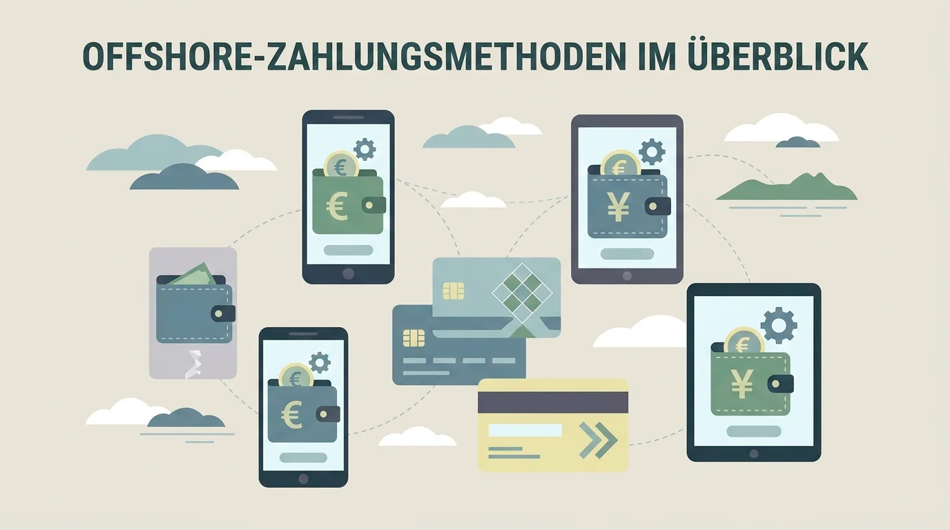 Symbolische Darstellung verschiedener digitaler Geldbörsen und Prepaid-Karten als Bild für Offshore-Zahlungswege