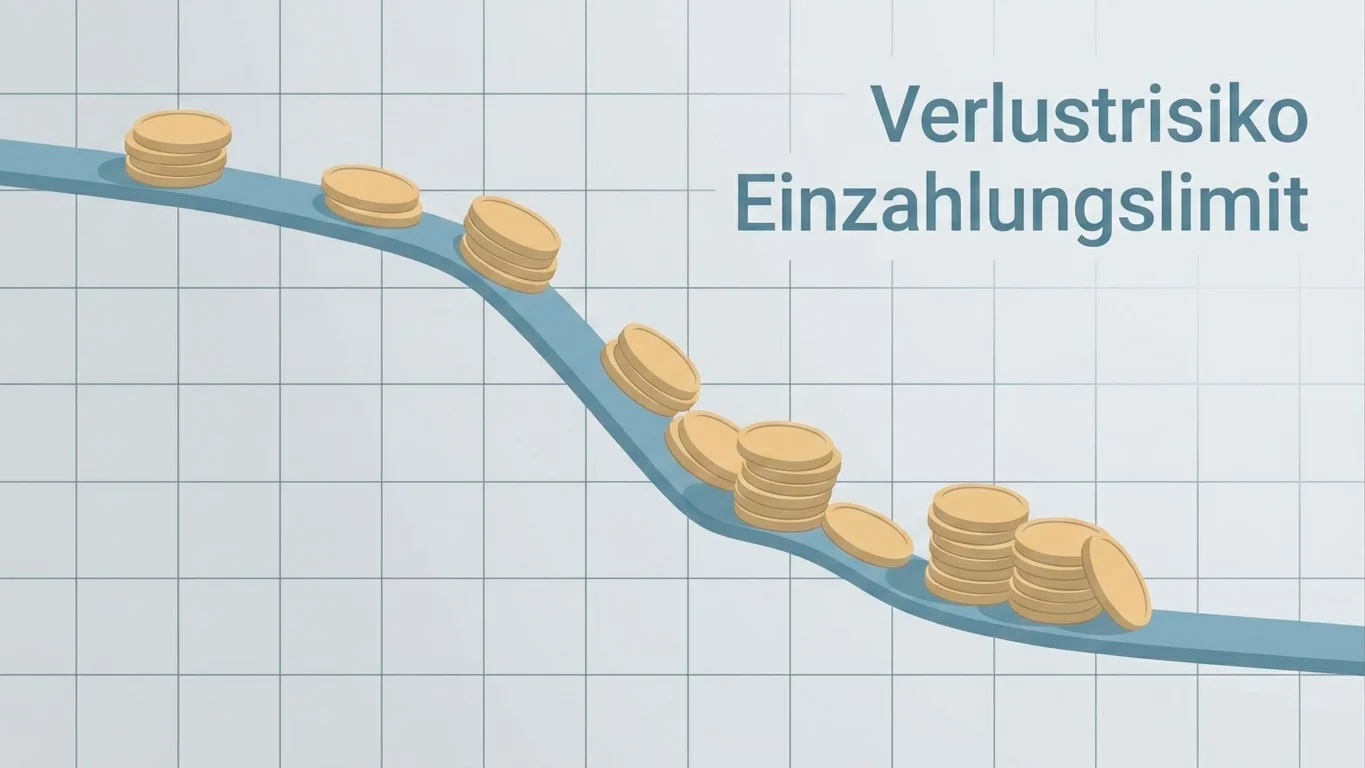 Abwärts gerichtete Kurve mit Münzen als Sinnbild für unkontrolliert wachsende Verluste ohne Einzahlungslimit