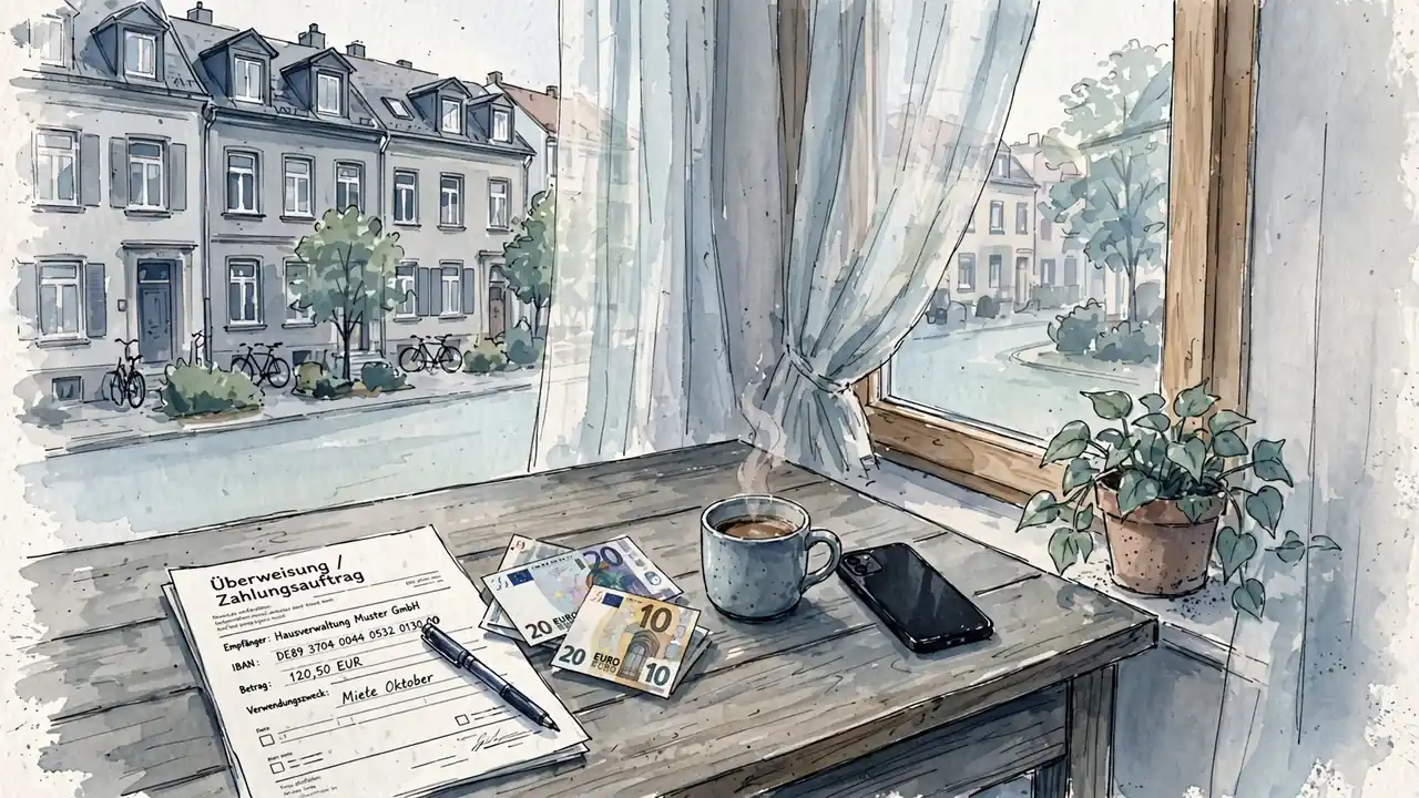 Schreibtisch mit Smartphone, Überweisungsformular, Euro-Scheinen und Kaffeetasse am Fenster