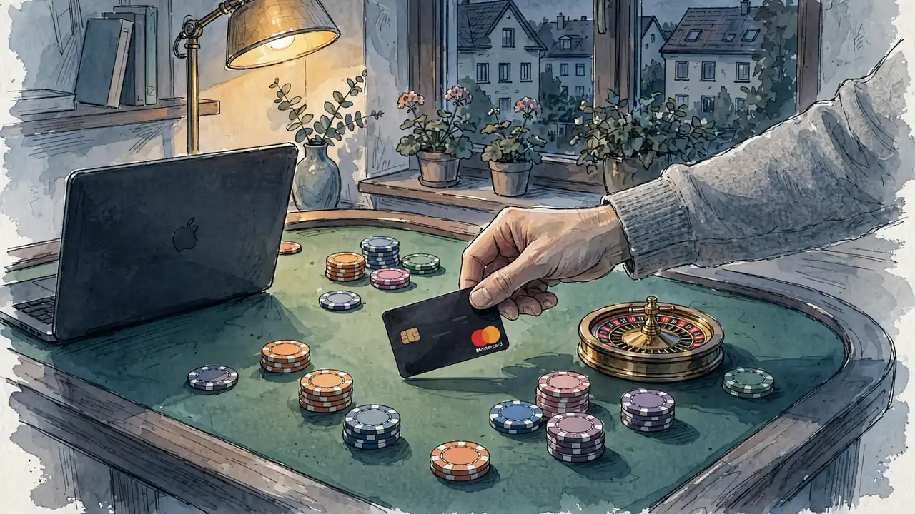 Mastercard-Kreditkarte auf grünem Spieltisch mit Pokerchips neben geschlossenem Laptop