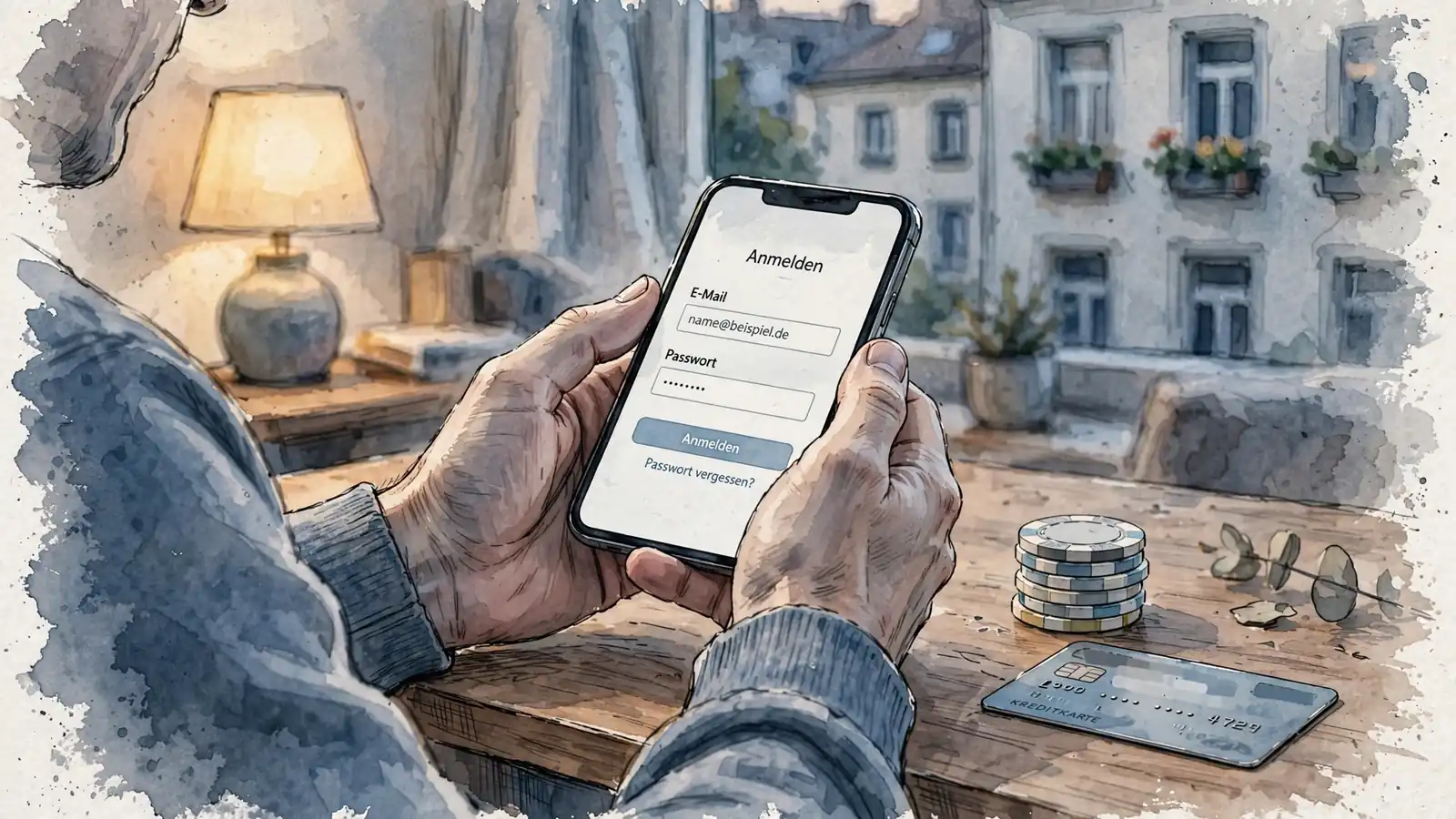 Smartphone neben Casino-Chips und Kreditkarte auf Schreibtisch