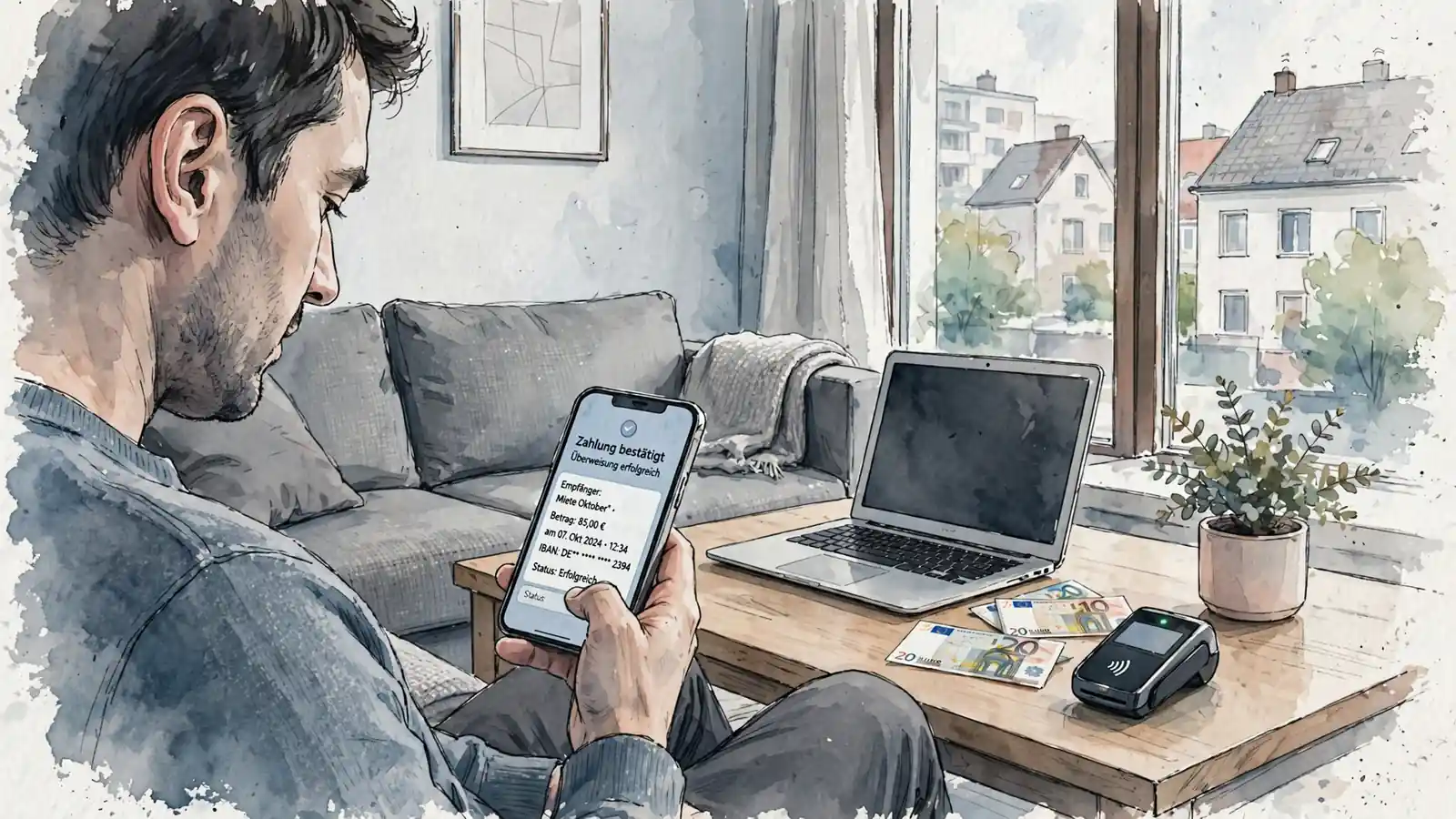 Person im Wohnzimmer mit Smartphone und Euro-Scheinen auf dem Tisch