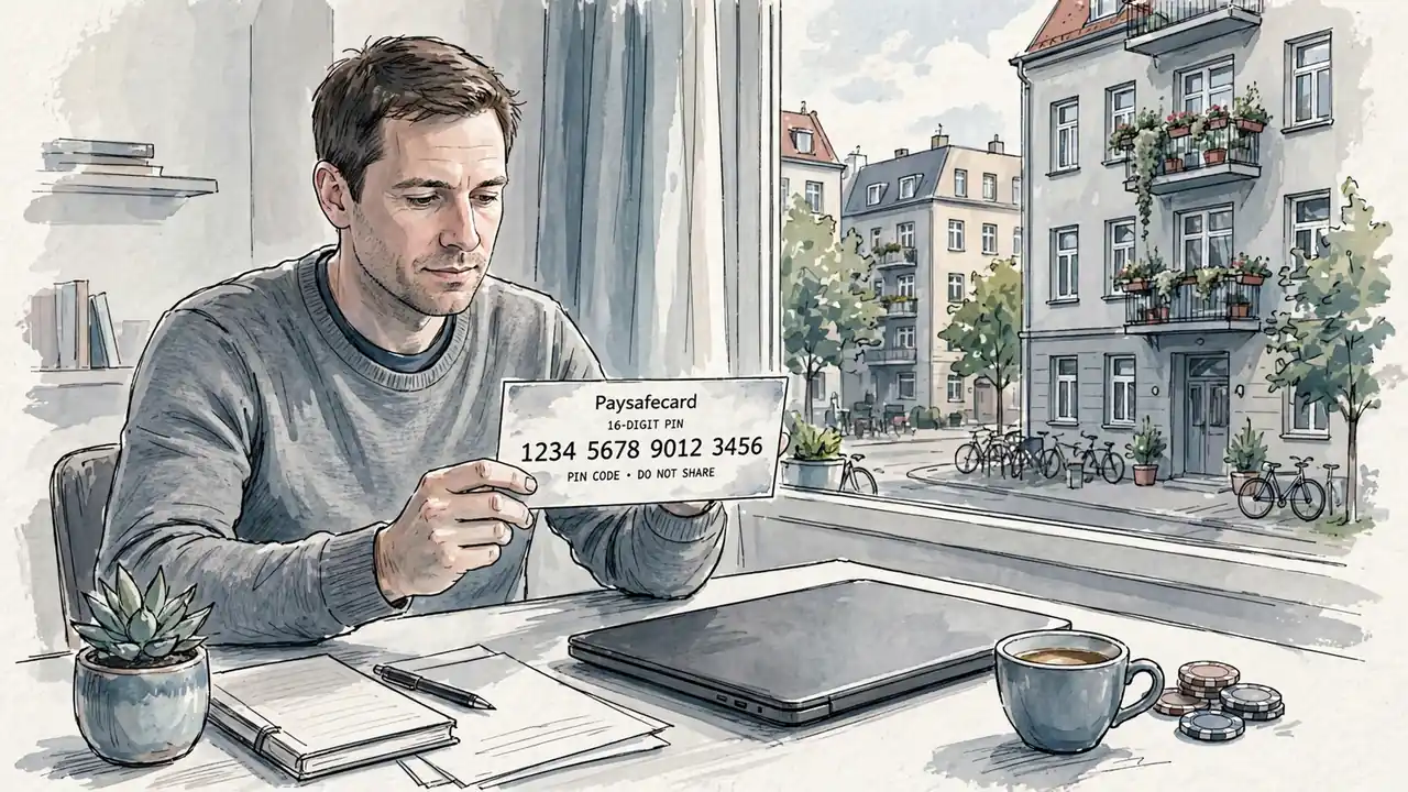 Erwachsener in Berlin mit Paysafecard-Gutschein am Schreibtisch
