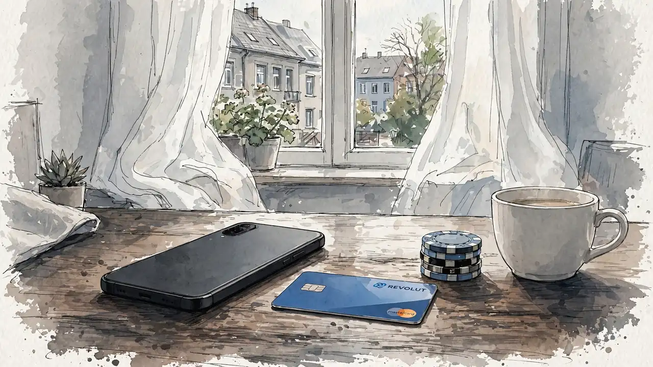 Smartphone, Revolut-Karte und Spielchips auf einem Tisch in einem deutschen Wohnzimmer.