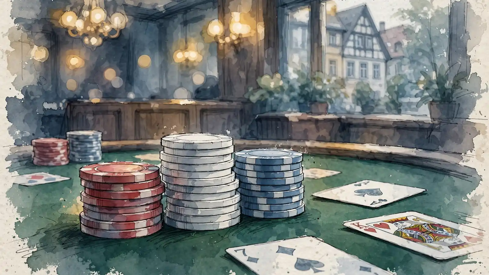 Stapel bunter Casino-Chips und Spielkarten auf grünem Filztisch in warmem Licht