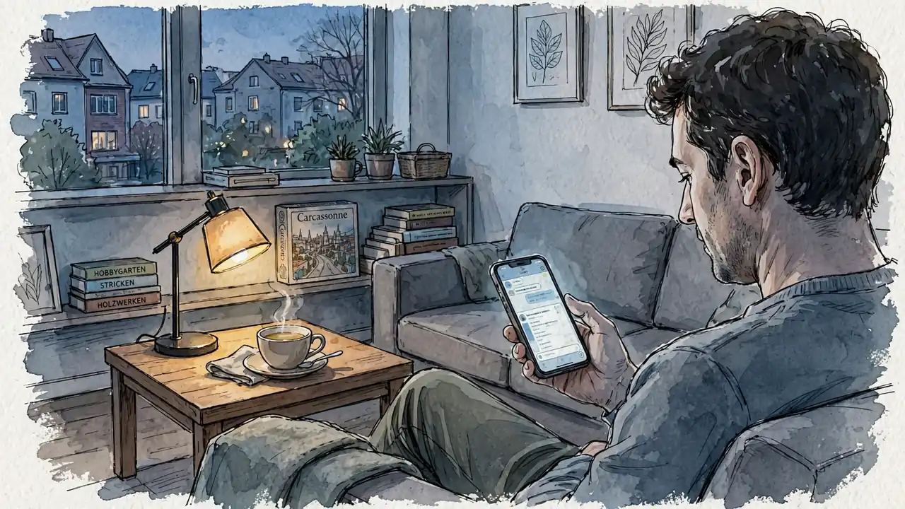 Gemütliche deutsche Wohnung mit Smartphone und Brettspiel bei Abendlicht