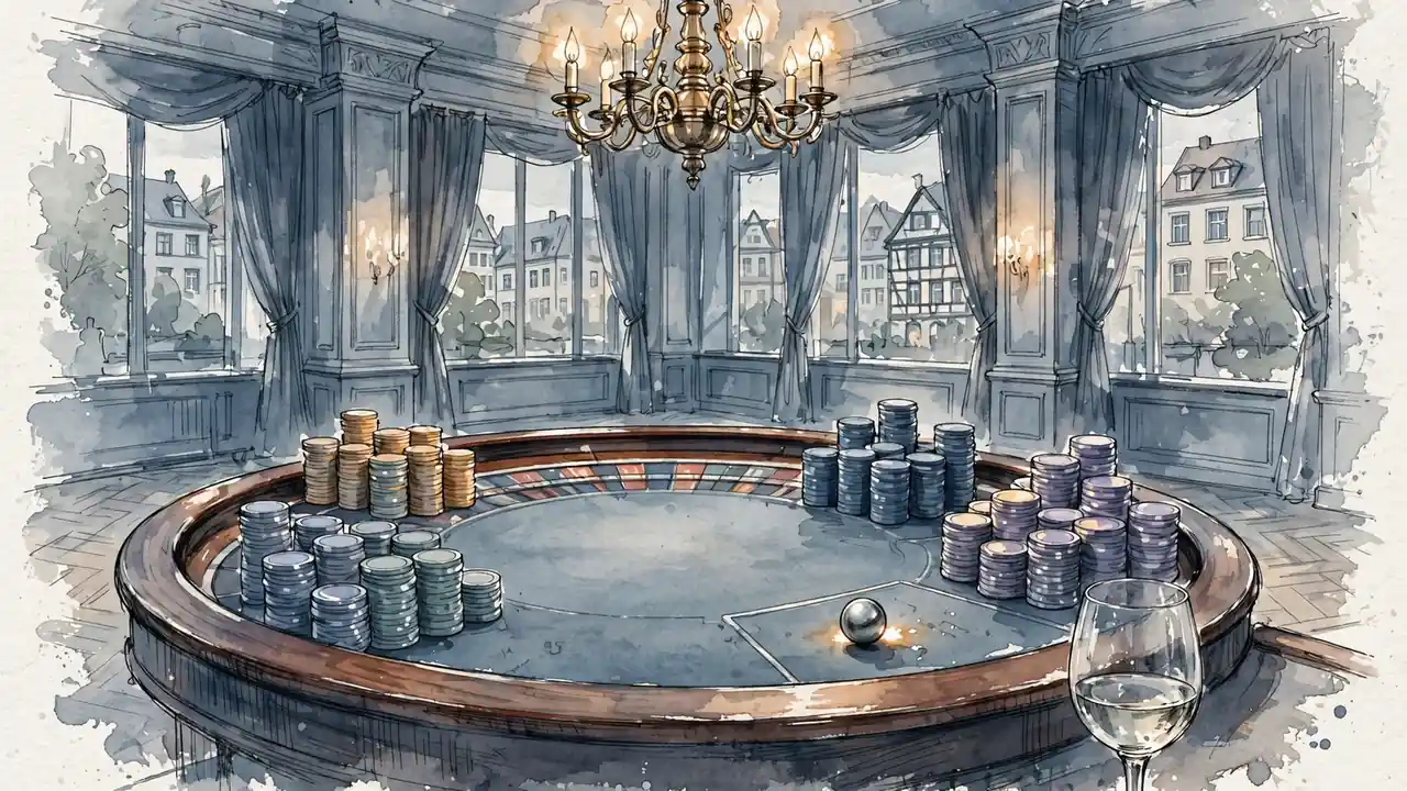 Leerer Roulettetisch mit gestapelten Chips und weichem Kronleuchterlicht in einer klassischen Spielbank.