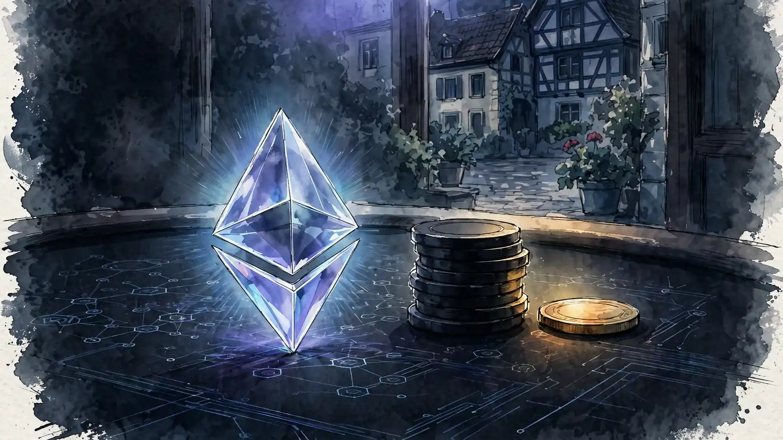Ethereum-Kristall auf Casino-Tisch mit Poker-Chips und Münze