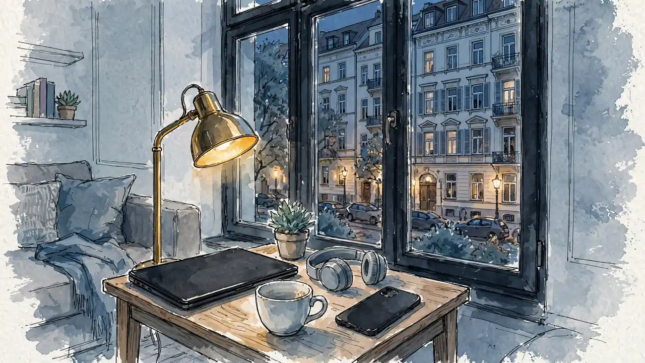 Abendlicher Wohnraum in Berlin mit zugeklapptem Laptop und entspannter Atmosphäre neben dem Schreibtisch.