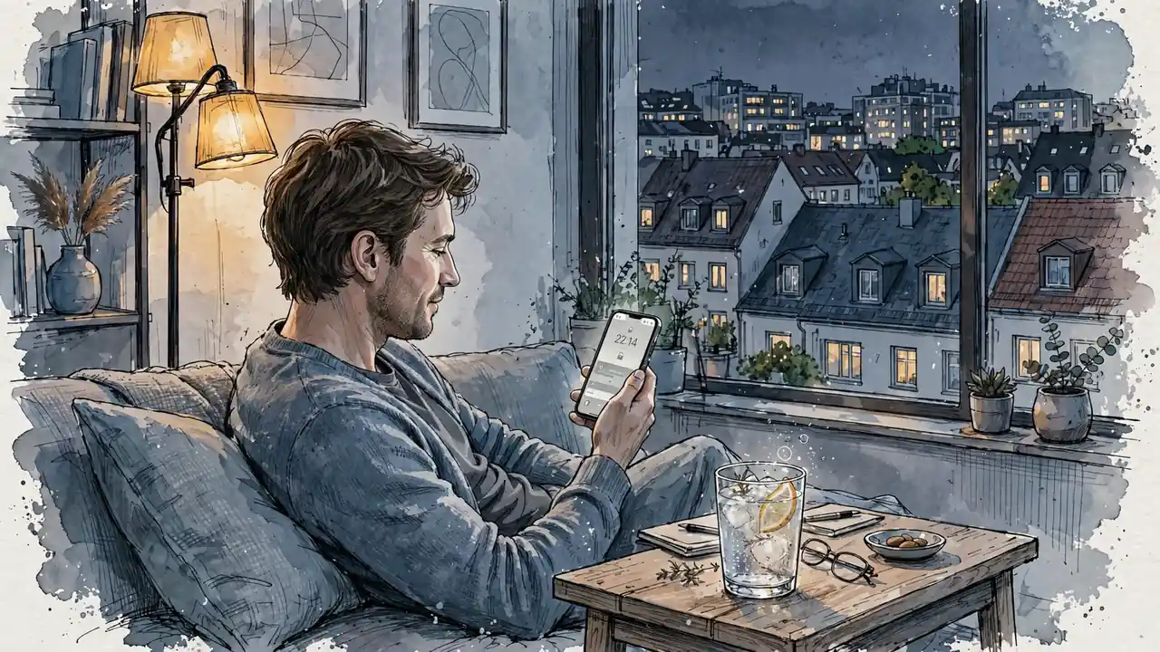 Person mit Smartphone auf dem Sofa bei warmem Licht in moderner Wohnung