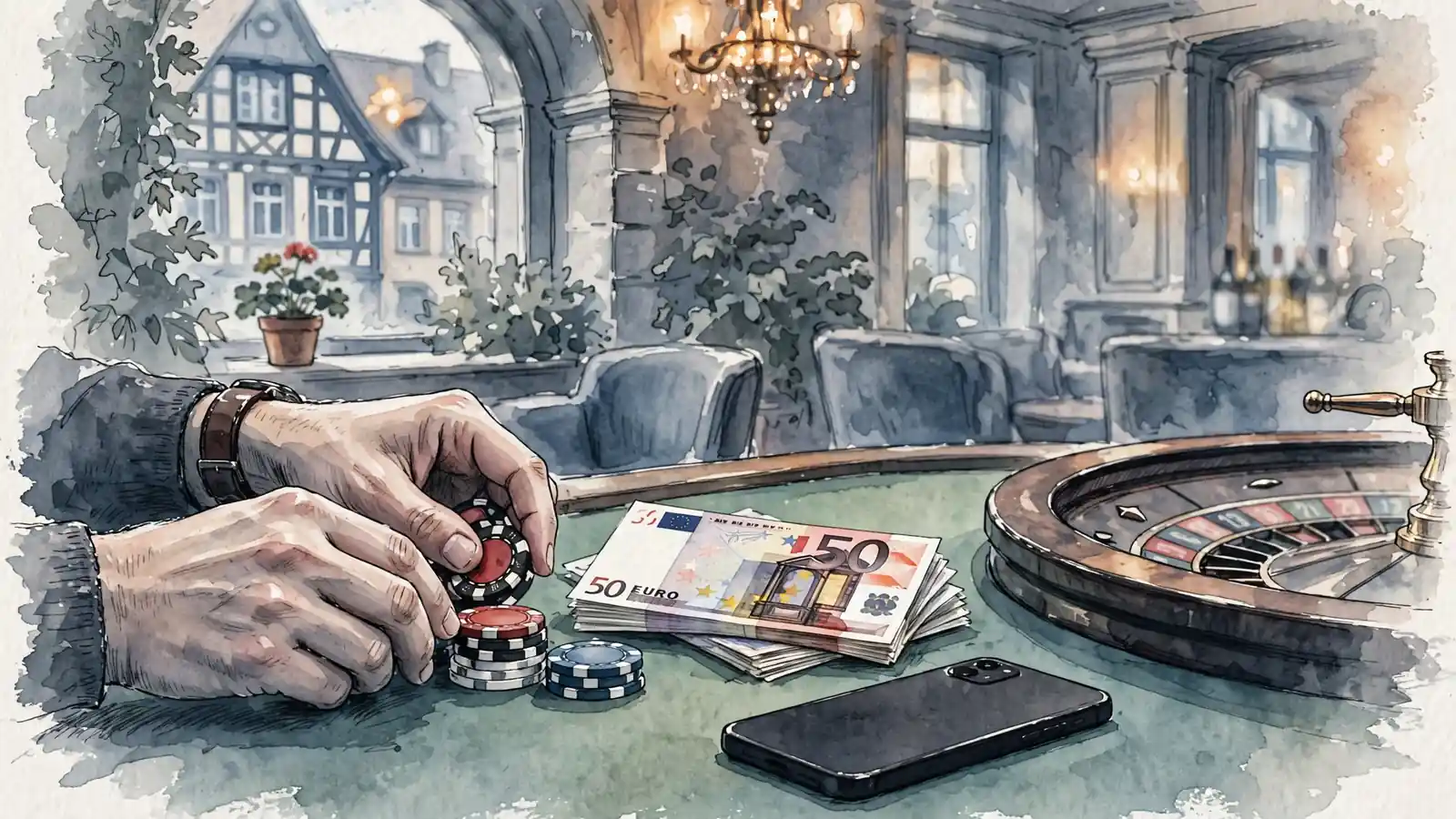 Spielchips und Euro-Banknoten auf einem Casino-Tisch neben Roulette