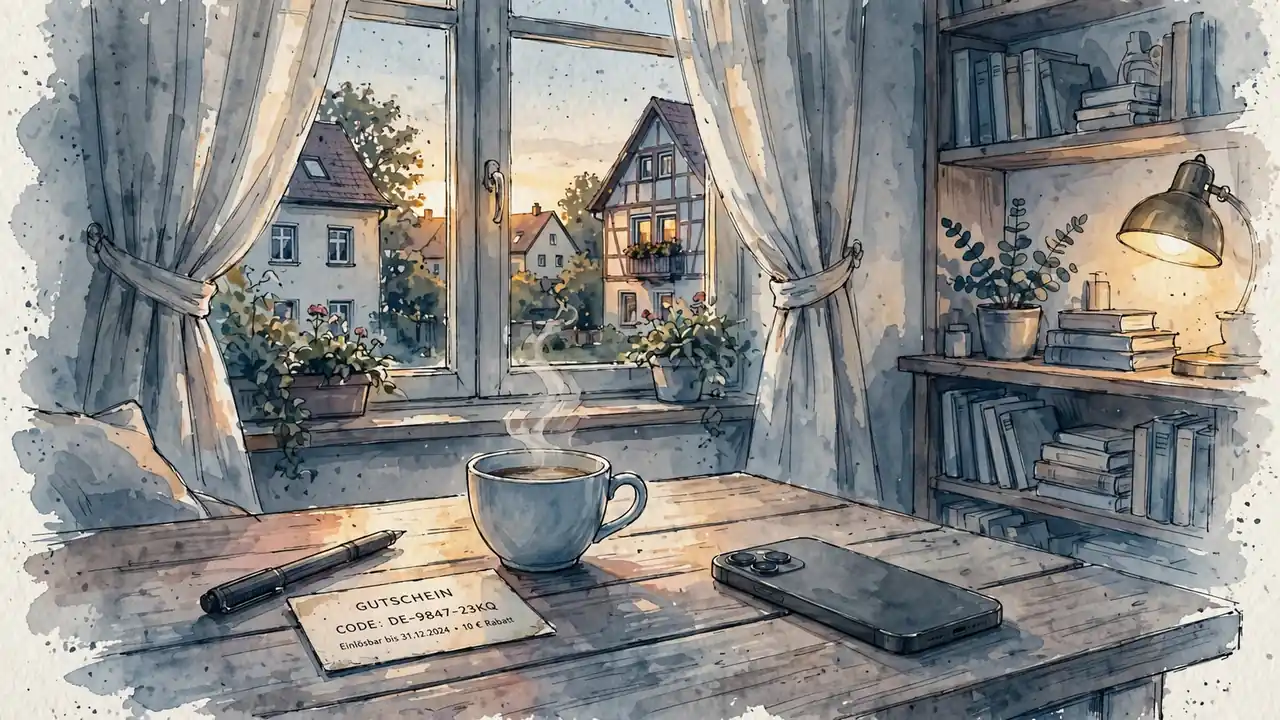 Smartphone neben Kaffeetasse und Gutscheincode auf Holztisch in deutschem Wohnzimmer.