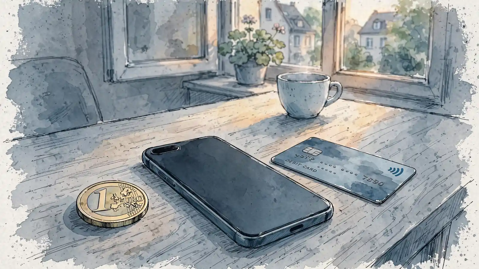 Eine einzelne 1-Euro-Münze neben Smartphone und Bankkarte auf einem Holztisch