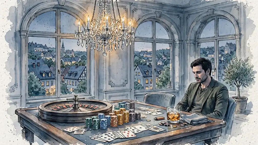 Luxuriöse Spielbank-Lounge mit Roulette, Chips und Karten bei warmem Abendlicht