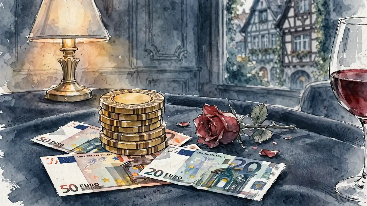 Goldene Casino-Chips und Euro-Scheine auf einem Tisch