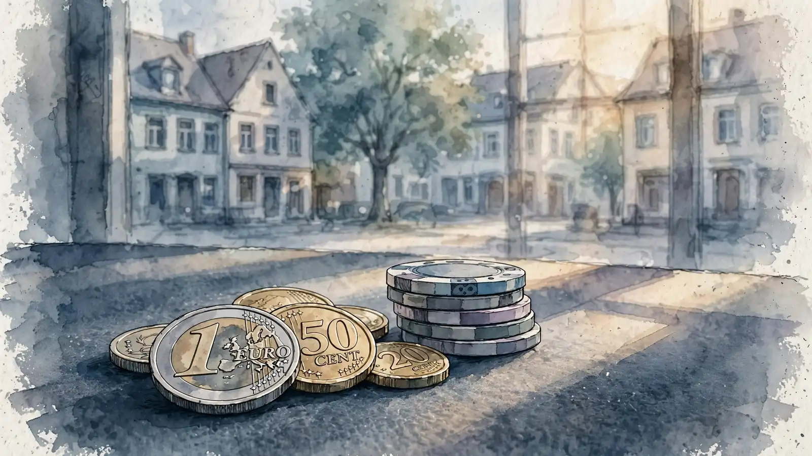 Euro-Münzen und Casino-Chips auf einem Filztisch in einem deutschen Zimmer