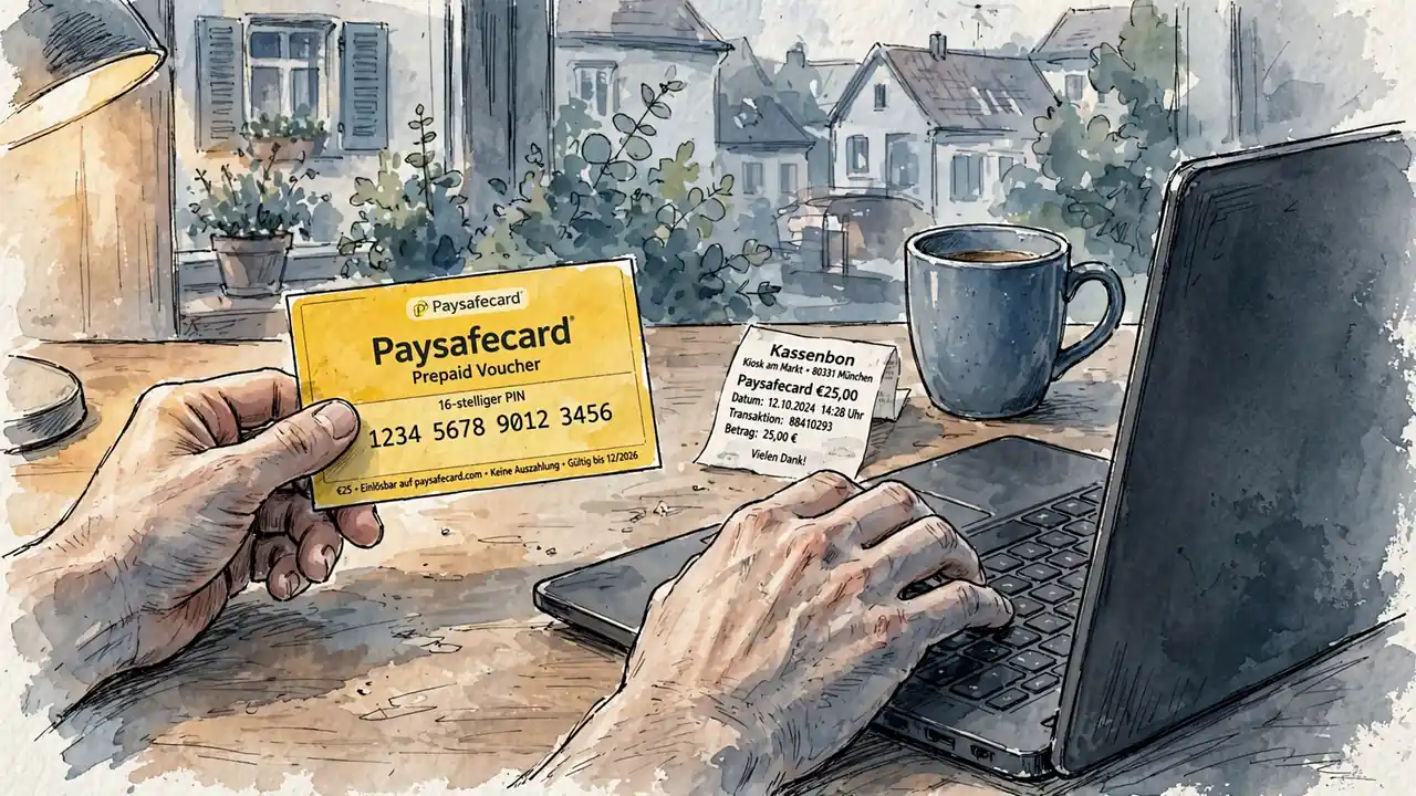 Hände geben einen Paysafecard-Code am Laptop ein