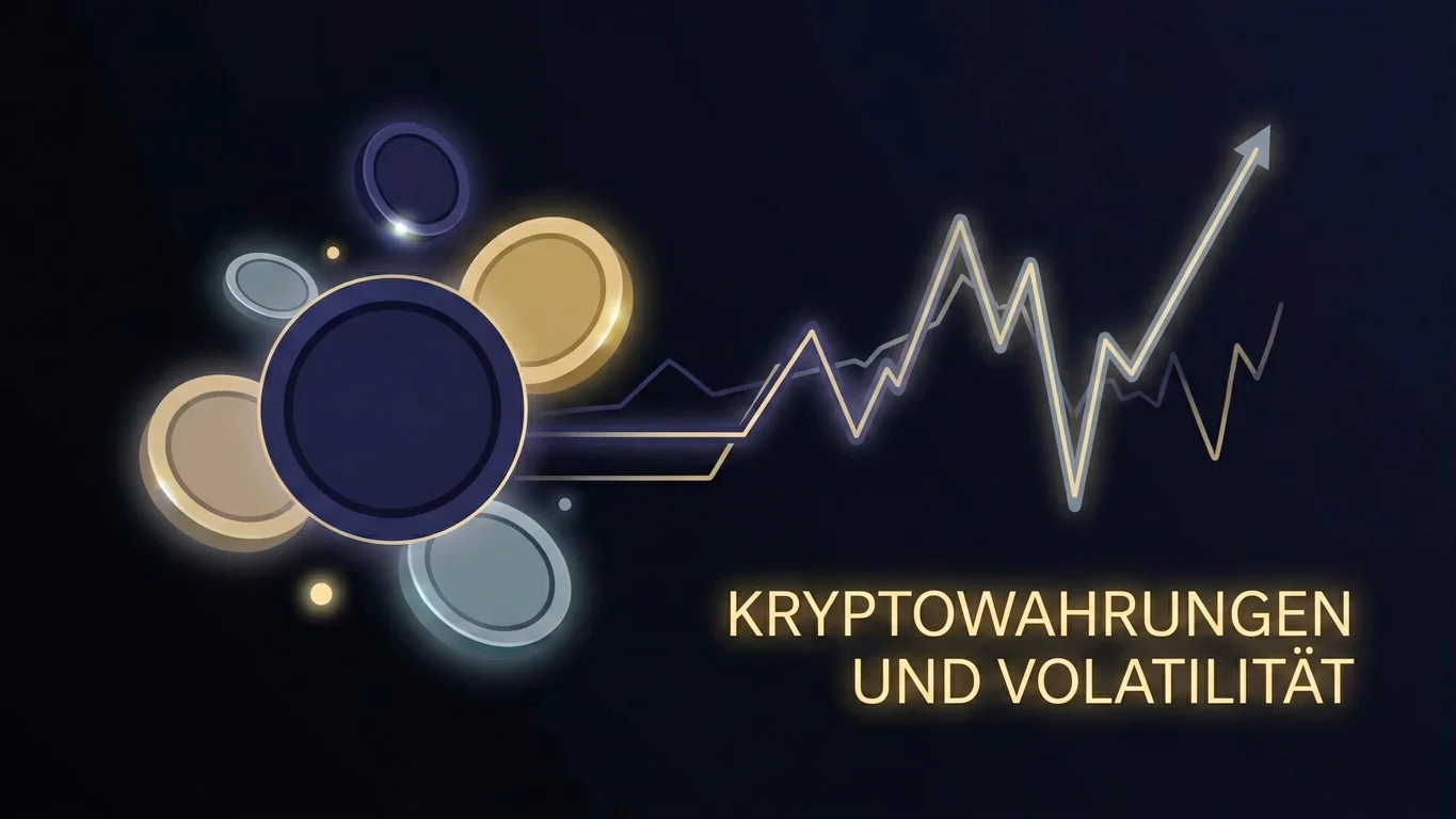 Abstrakte Darstellung von Kryptowährungs-Symbolen mit schwankender Kurslinie als Hinweis auf Volatilität