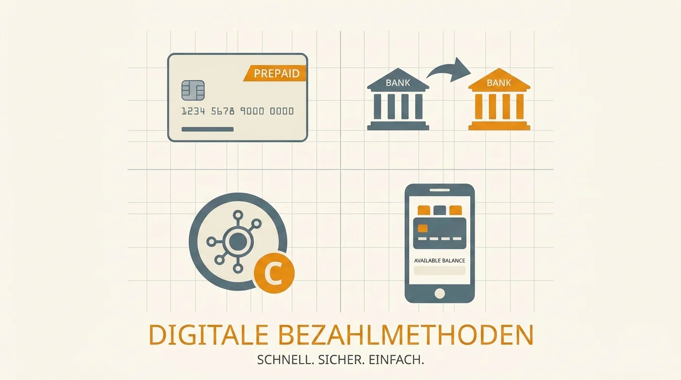 Übersicht verschiedener Zahlungssymbole von Prepaid-Karte bis Kryptowährung