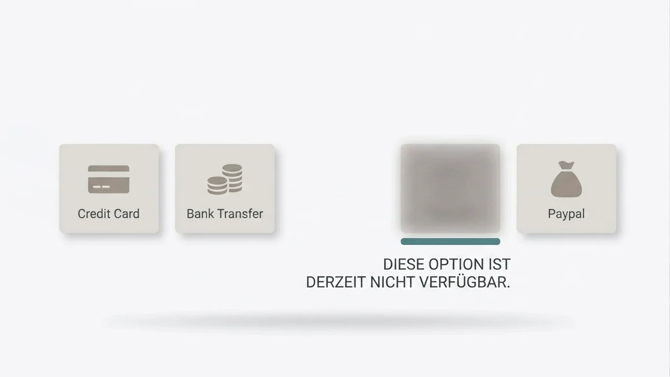 Symbolische Darstellung einer nicht verfügbaren Zahlungsoption als Hinweis auf das Fehlen von PayPal im Offshore-Bereich
