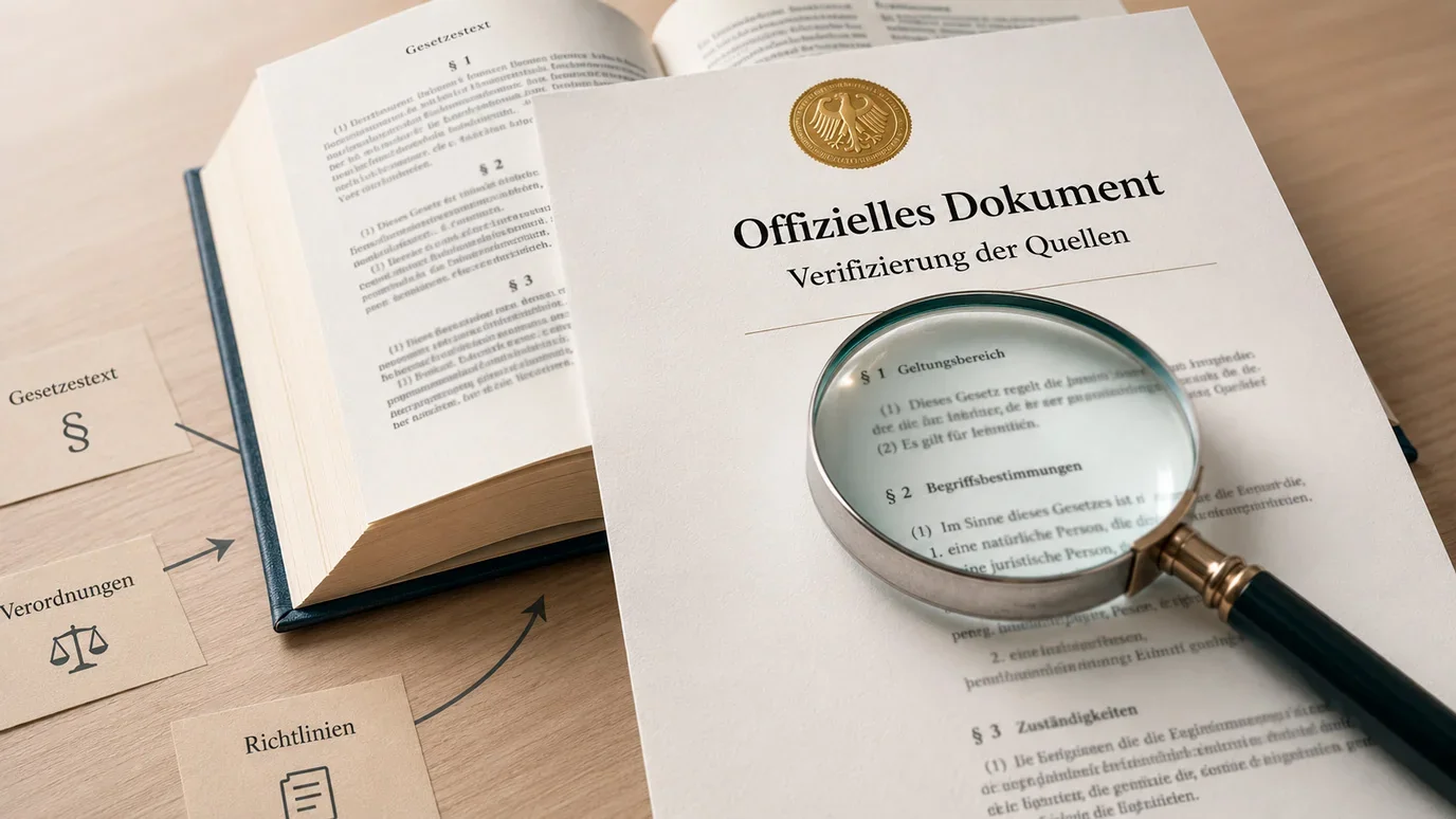Symbolische Darstellung der Quellenprüfung mit Gesetzbuch, Lupe und Verweispfeilen auf amtliche Dokumente