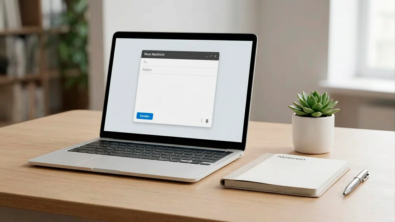 Laptop mit geöffnetem Nachrichtenfenster, Notizblock und Stift als Symbol für die Kontaktaufnahme mit einer Redaktion