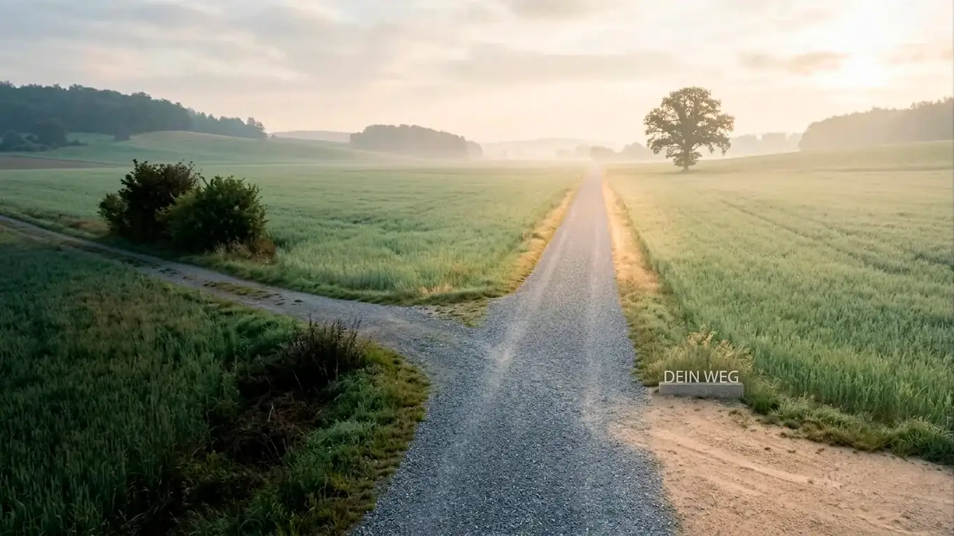 Symbolische Wegkreuzung mit klar markiertem geradem Pfad als Bild für den regulären Aufhebungsweg