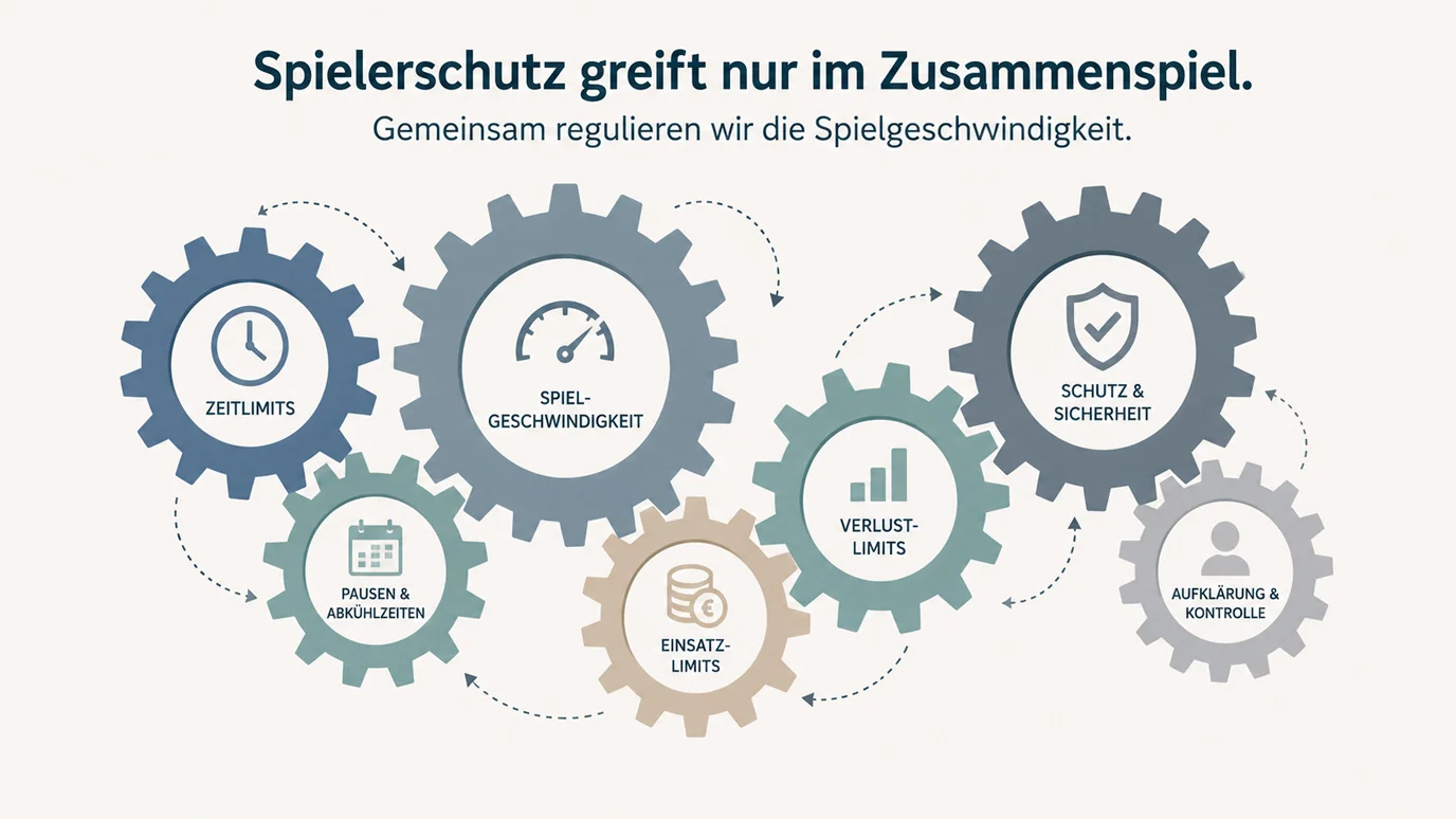 Mehrere ineinandergreifende Zahnräder als Sinnbild für das Zusammenspiel der deutschen Schutzmechanismen beim Spieltempo
