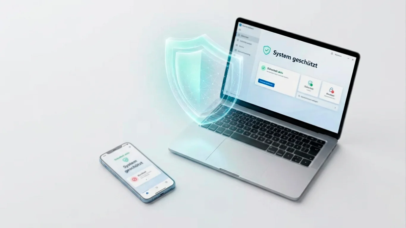 Smartphone und Laptop mit symbolischem Schutzschild als Bild für Sperrsoftware auf den Geräten