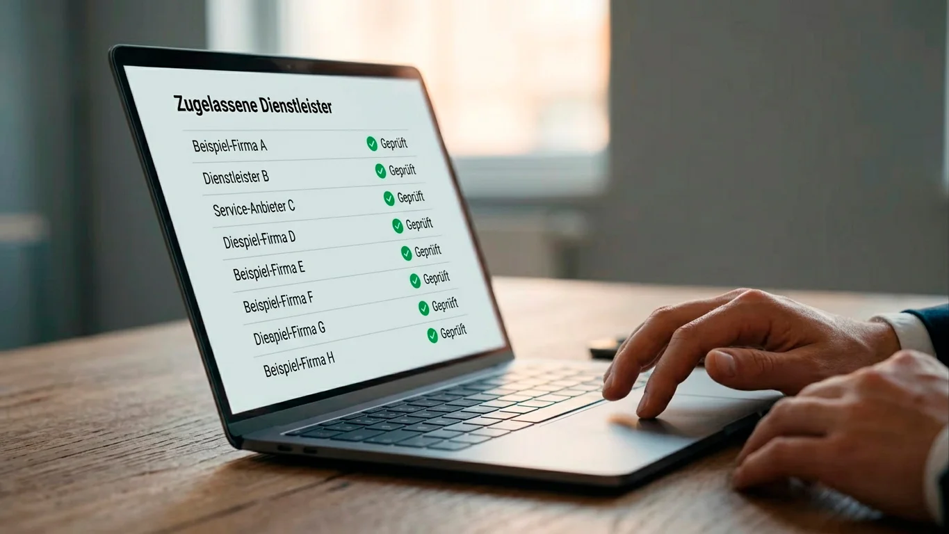 Person prüft am Laptop eine behördliche Liste lizenzierter Anbieter