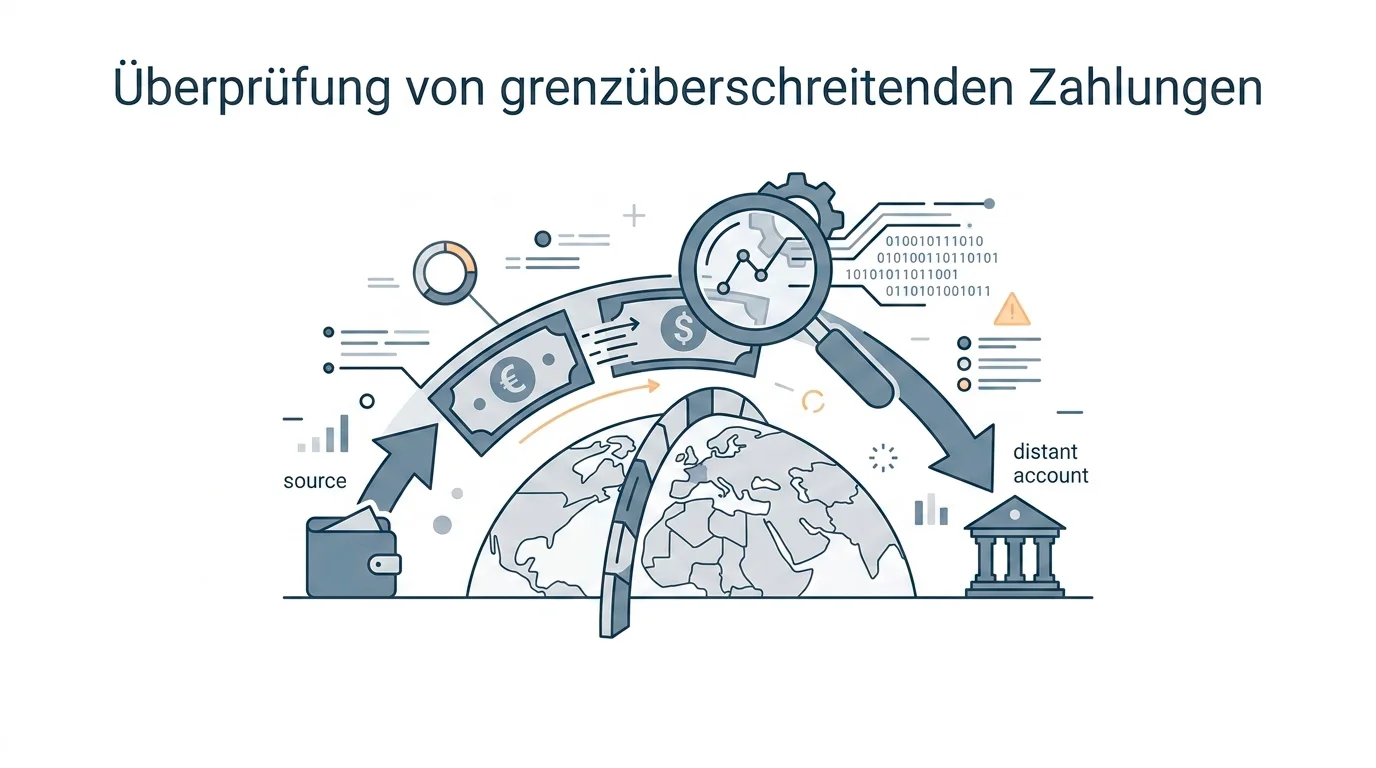 Symbolische Darstellung einer Banküberweisung ins Ausland mit Prüfsymbol als Hinweis auf Verdachtsmeldungen